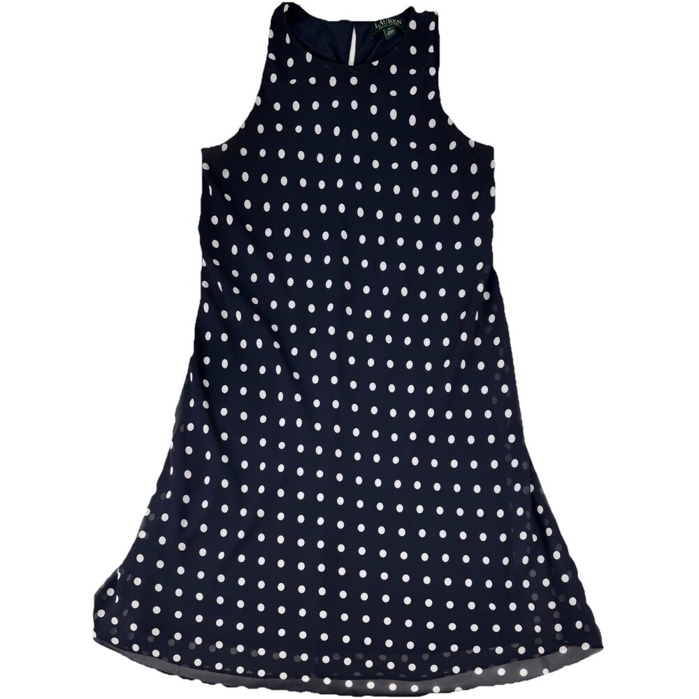 Lauren Ralph Lauren Sleeveless A-Line Blue and White Polka-Dot Dress Sz 10